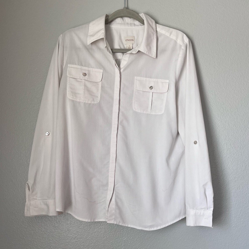 Chicos Popover Top Women 1 White Collared Pockets Roll-Tab Sleeve Casual Blouse